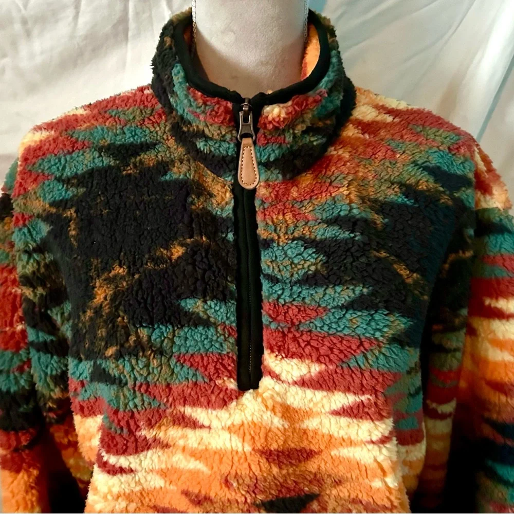 NWT Black, Orange Multicolor Southwestern Sherpa-Like Zip-Up Pullover, Size XL - Picture 3 of 10